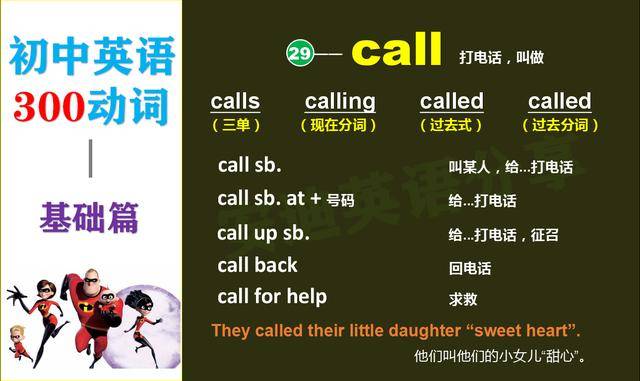calls(三单)-calling(现在分词)-called(过去式)-called(过去分词)