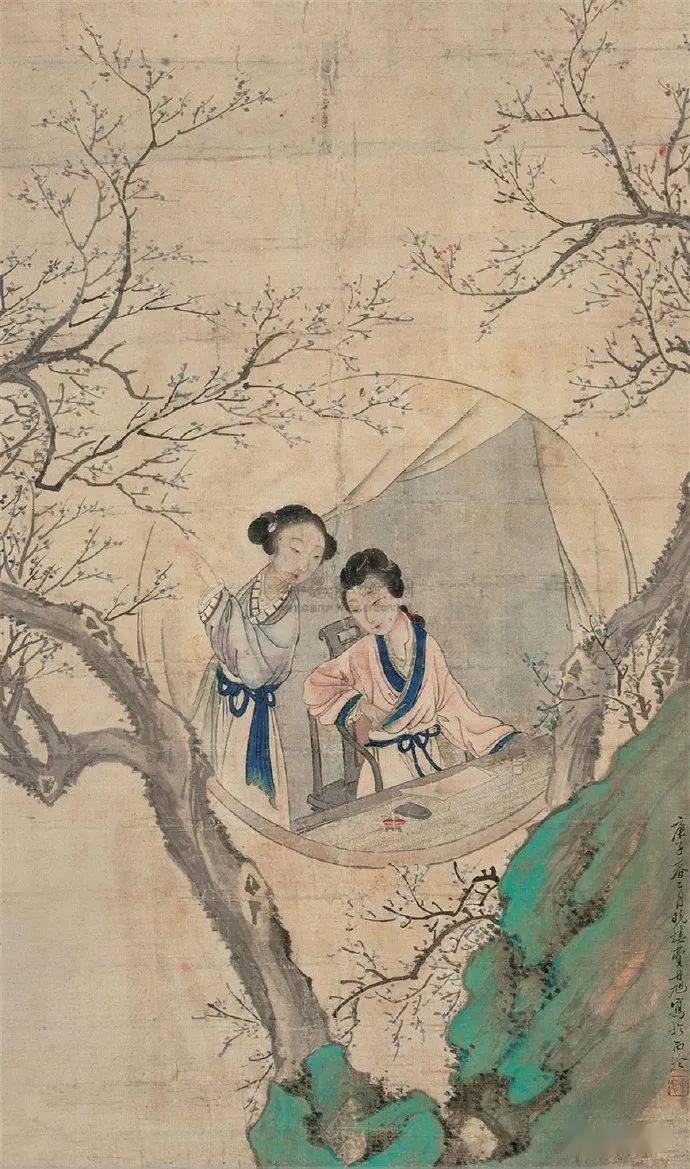 清代画家費丹旭・中国書画讀書図・描金』肉筆紙本・掛軸卷画・中国美術