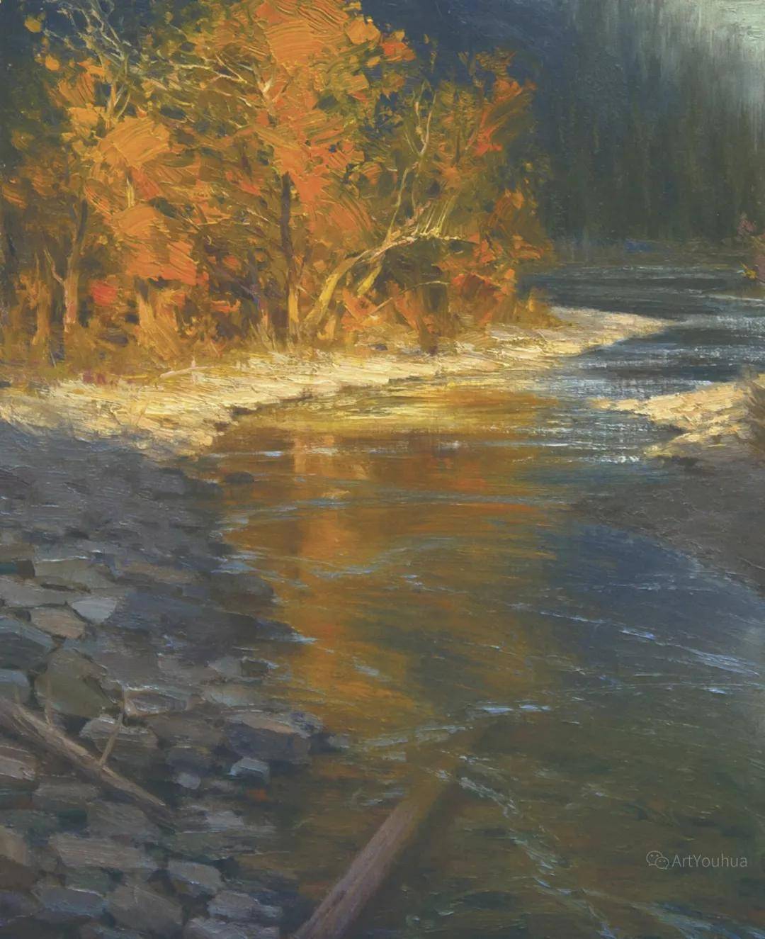 幽静的风景油画波光粼粼的水面