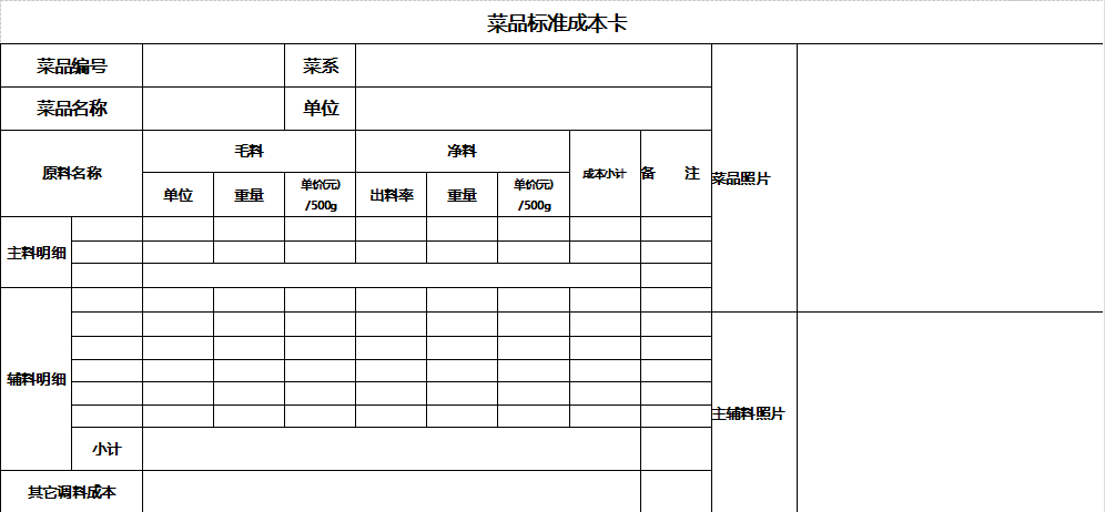 厨房菜品成本卡图片