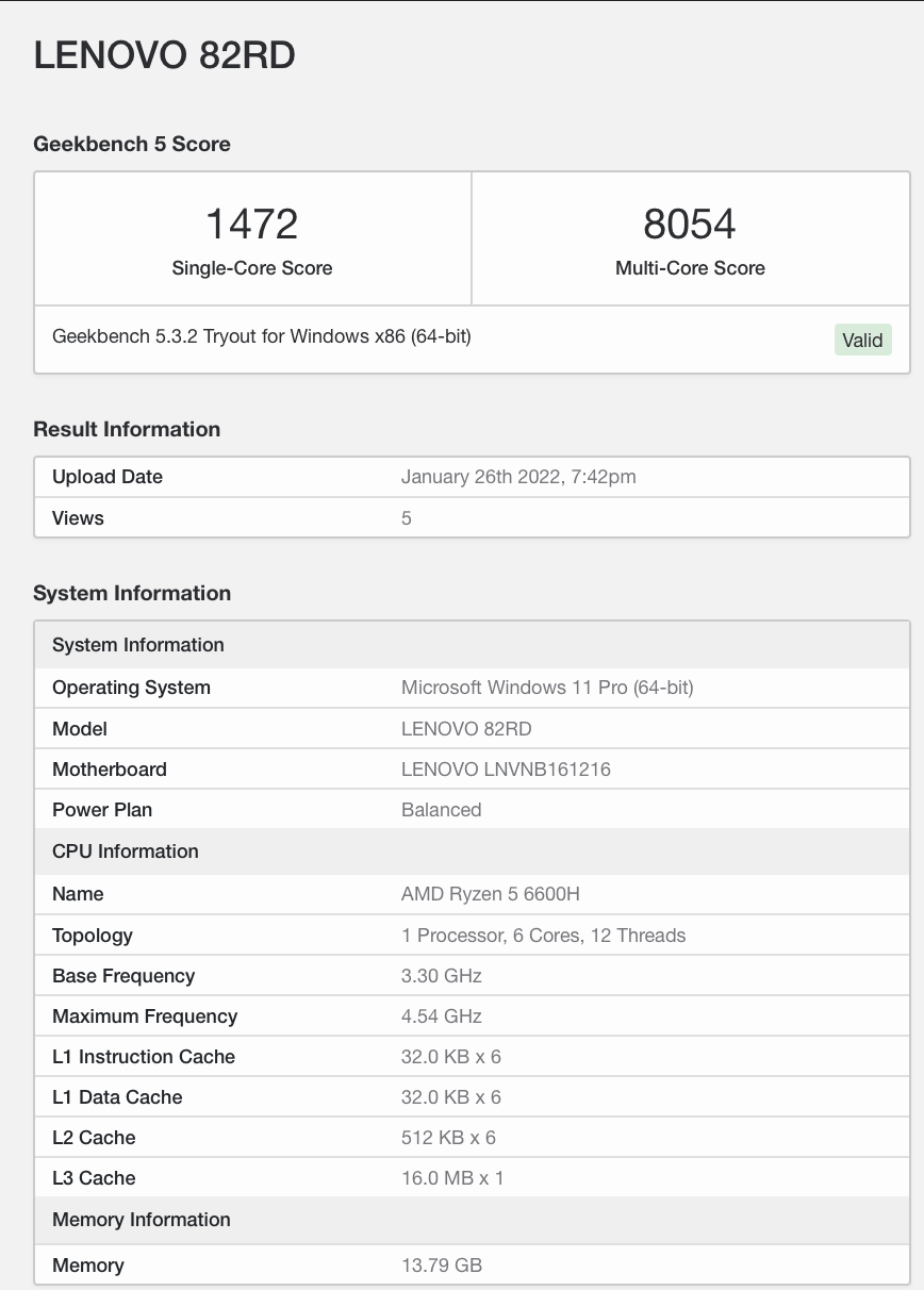 AMD R5 6600H 现身 Geekbench：6 核 12 线程，多核跑分明显提升