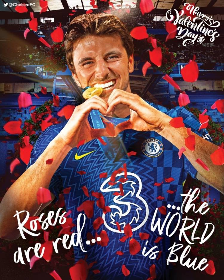 情人节切尔西情人节海报——芒特咬金牌比心：玫瑰是红色，世界是蓝色