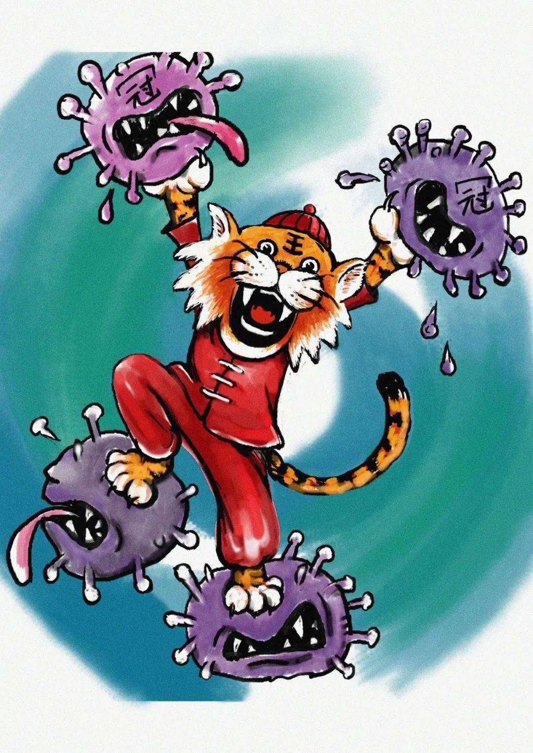 虎年抗疫插画图片