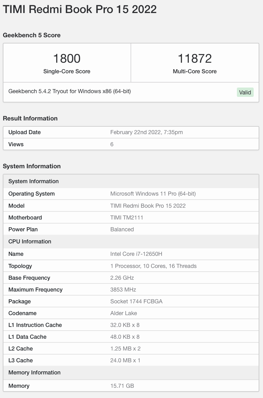 单核|2022 款 RedmiBook Pro 15 曝光，搭载 10 核 16 线程 i7-12650H