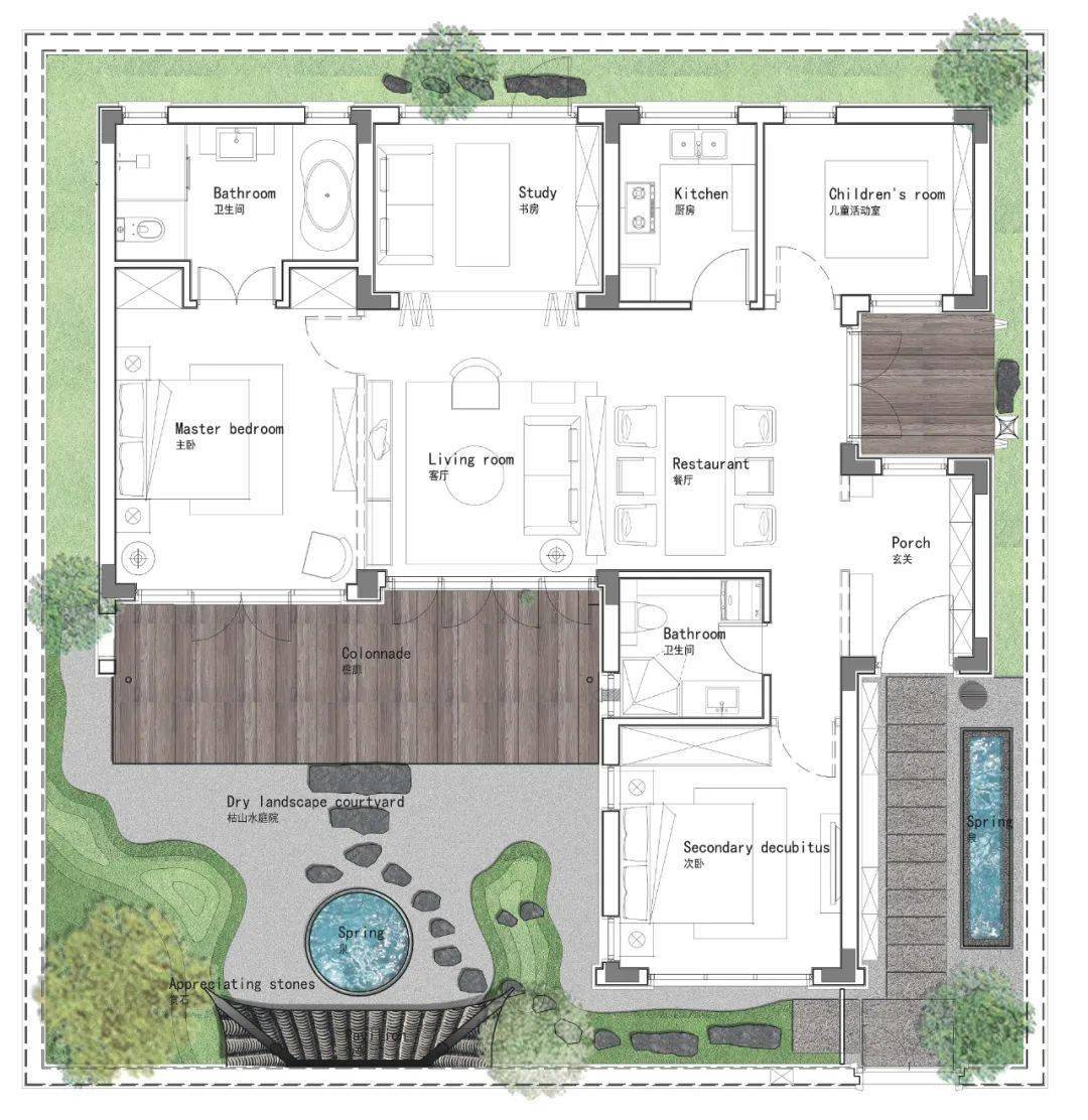 设计的融合,使中式园林与枯山水无缝衔接,同时引导人与景观进行深刻而