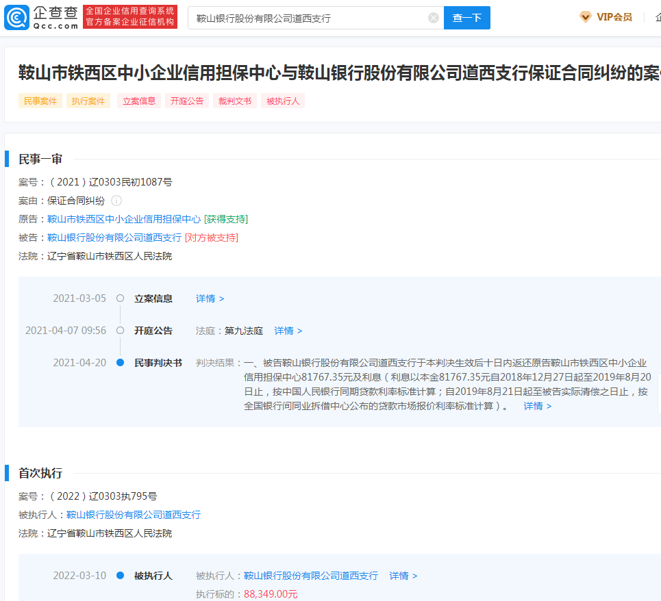 鞍山银行一支行成被执行人 今年已被法院强制执行4次