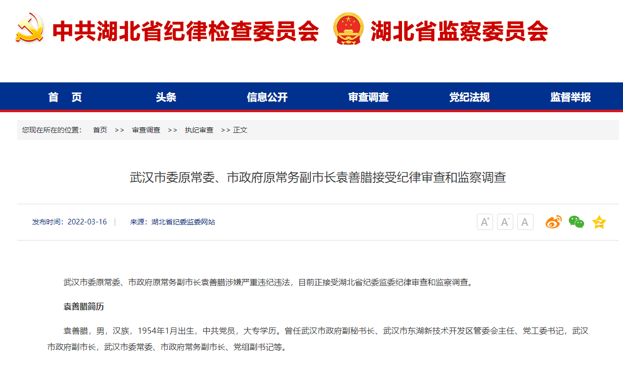 68岁武汉市原常务副市长袁善腊被查曾被民营企业实名举报