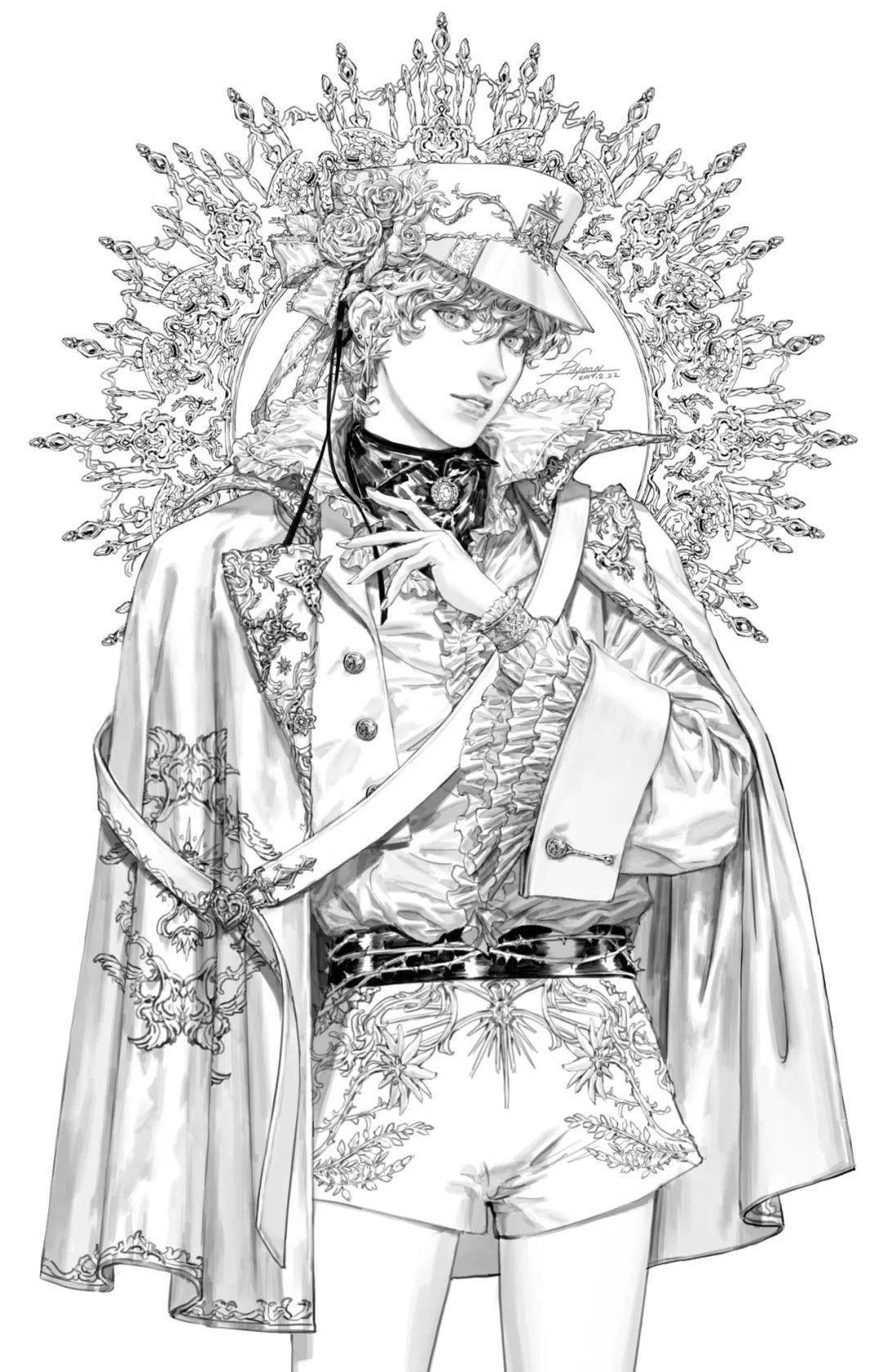 美型韩国画师pilyeon的华丽复古创作线条稿同样动人心魄