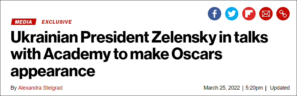 美媒：乌克兰总统泽连斯基计划在奥斯卡颁奖礼演讲