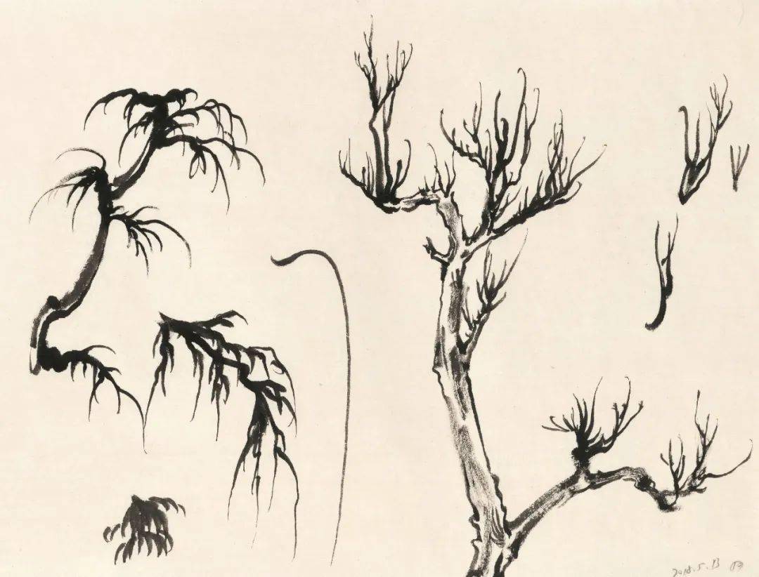 临摹陆俨少树石课徒稿示范_山水画_山石_树石法