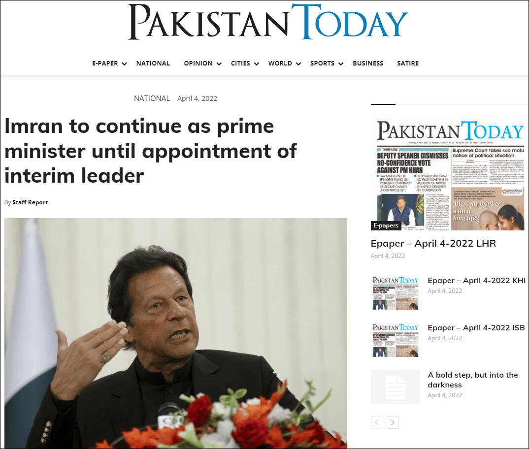 巴基斯坦总统：伊姆兰·汗被解除总理职务后仍将继续留任，直至选出看守总理