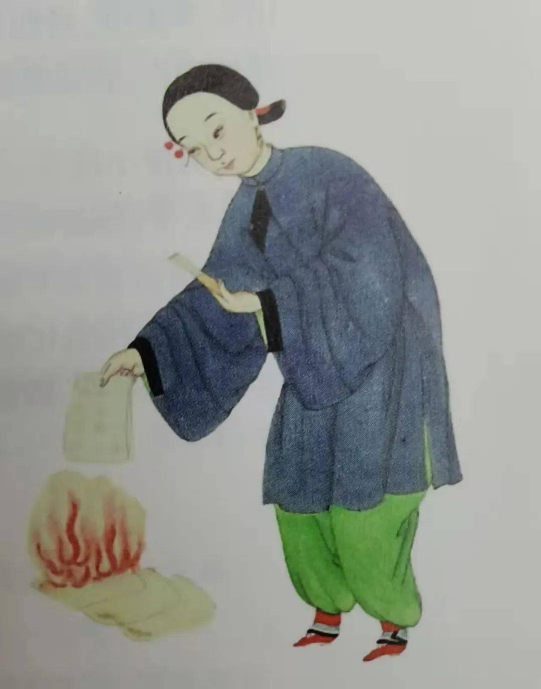 清人绘烧纸.在古代,每逢清明,七月十五,十月初一,人们就烧纸给亡灵.