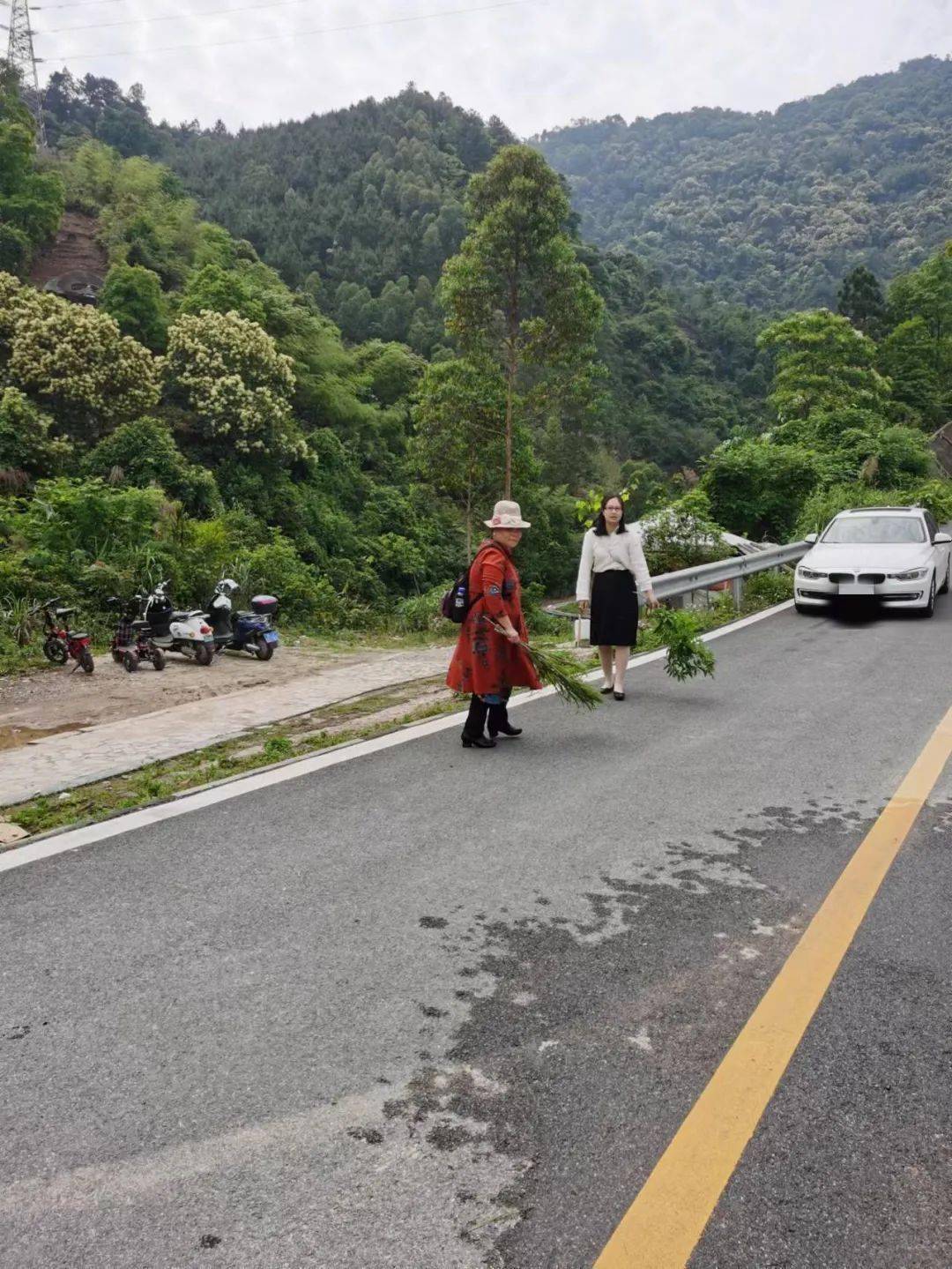 昭平南山茶海玻璃桥公路上有被打碎的酒瓶玻璃两位好心女子用树枝打扫