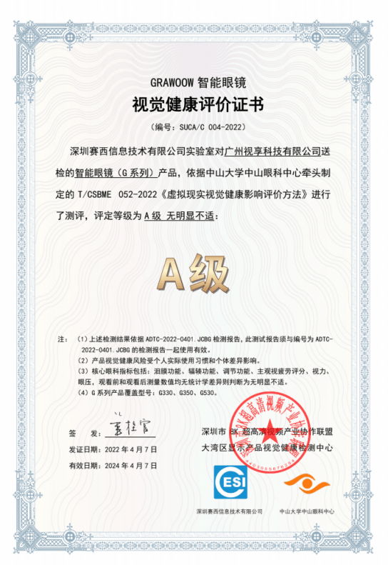 grawoow智能眼镜获颁suca联盟视觉健康评价a级证书