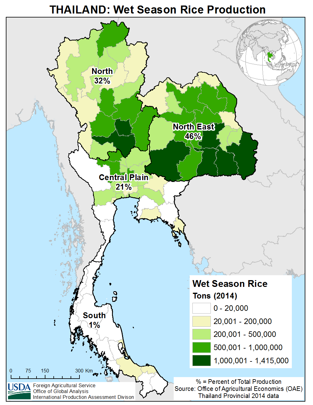 泰国的稻米主要分布在四个规模化的种植区,分别是北方稻区(32%),东北