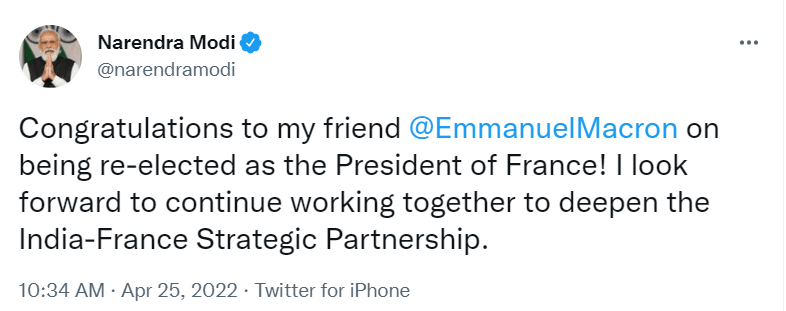 莫迪发推文，祝贺马克龙成功连任法国总统