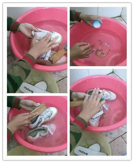 现在我来分享一下我的刷鞋步骤:首先,找个够大的盆,在盆里接上足够多