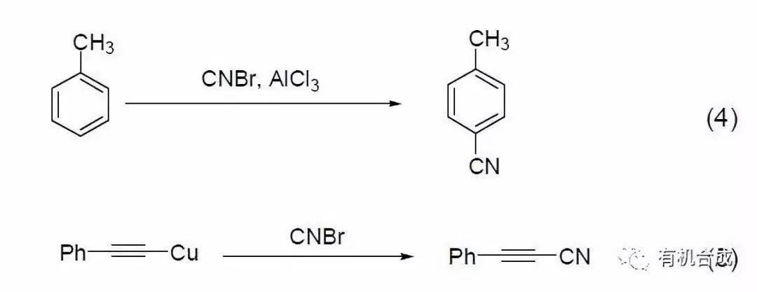 炔基铜盐和溴化氰反应生成炔基腈 (式5)[6],该反应提供了一种合成炔基