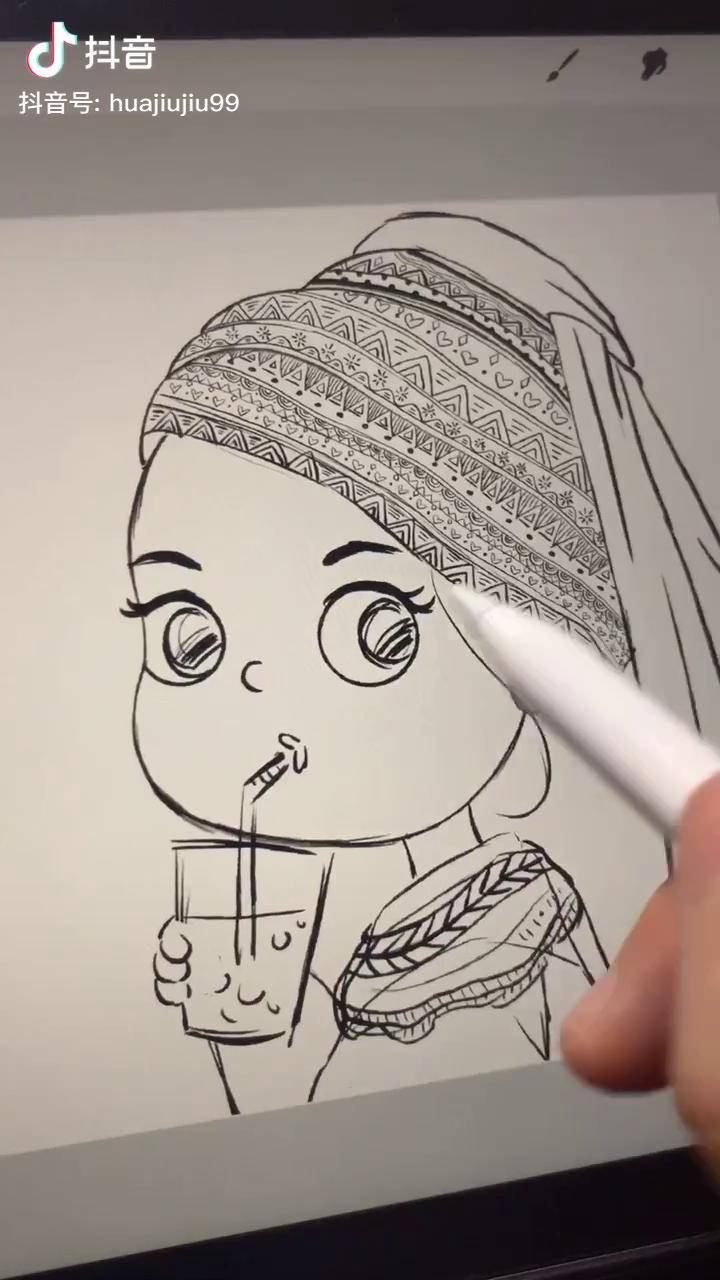 戴珍珠奶茶喝珍珠耳环的少女插画ipad手绘