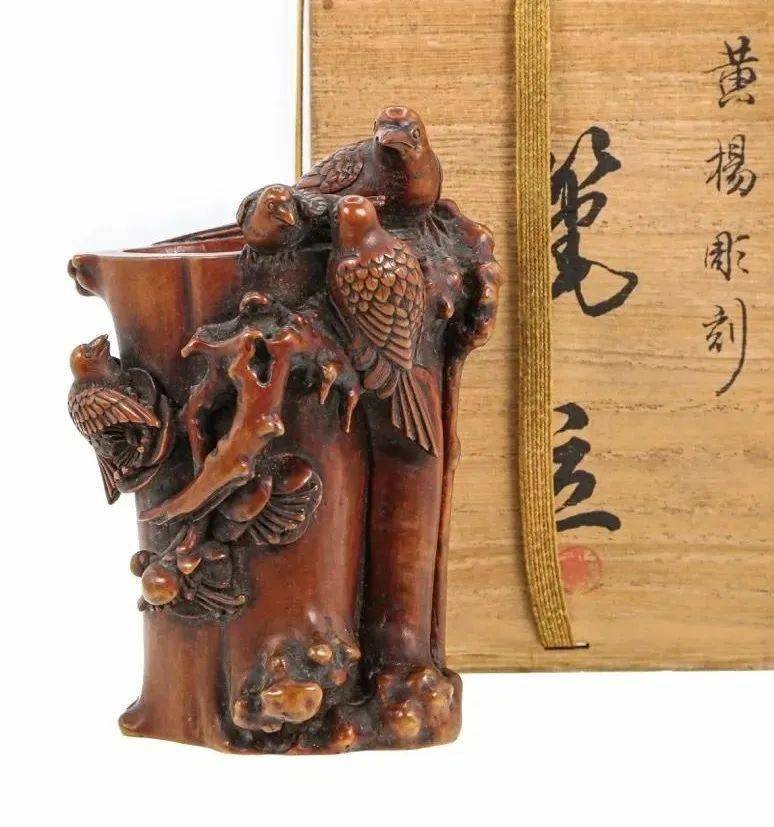 筆筒 唐木紅紫檀透かし彫り 鶴 書道具 訳あり 124th KOGIRE-KAI