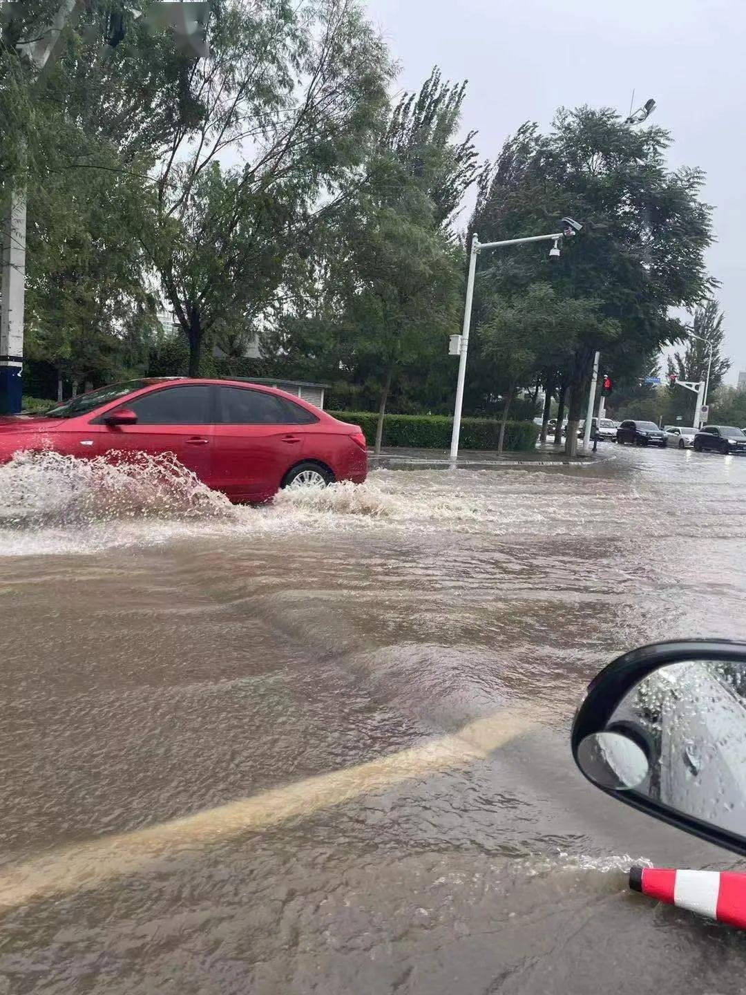 张家口暴雨有车被淹车顶避雨路面发河