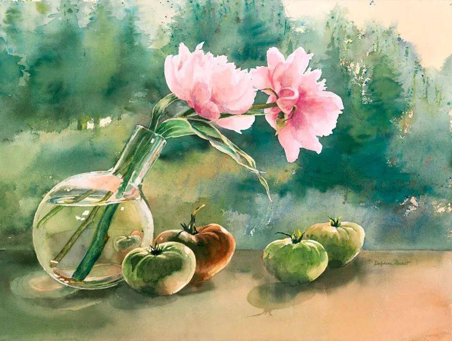 水彩作品欣赏 玻璃瓶中的花儿 这质感绝了 Poussot 玻璃瓶 花儿