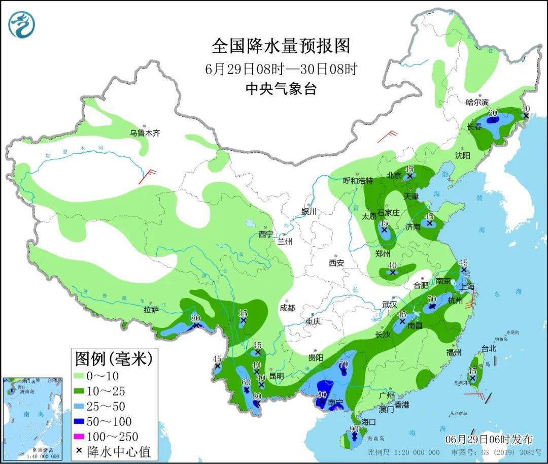 西藏東南部,江南北部和西南部,華南西部等地的部分地區有中到大雨