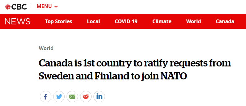 特鲁多高调宣布：加拿大是第一个批准芬瑞两国“入约”的北约成员国