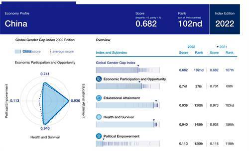 2022全球性别平等指数：中国排名提高5位，日本居发达国家最后一名，实现全球性别平等还需132年女性经济男女 2285