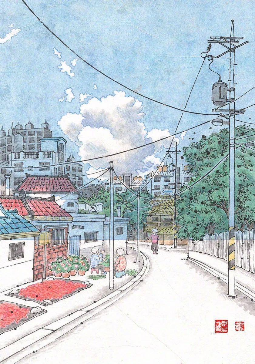 钢笔淡彩滨海风景