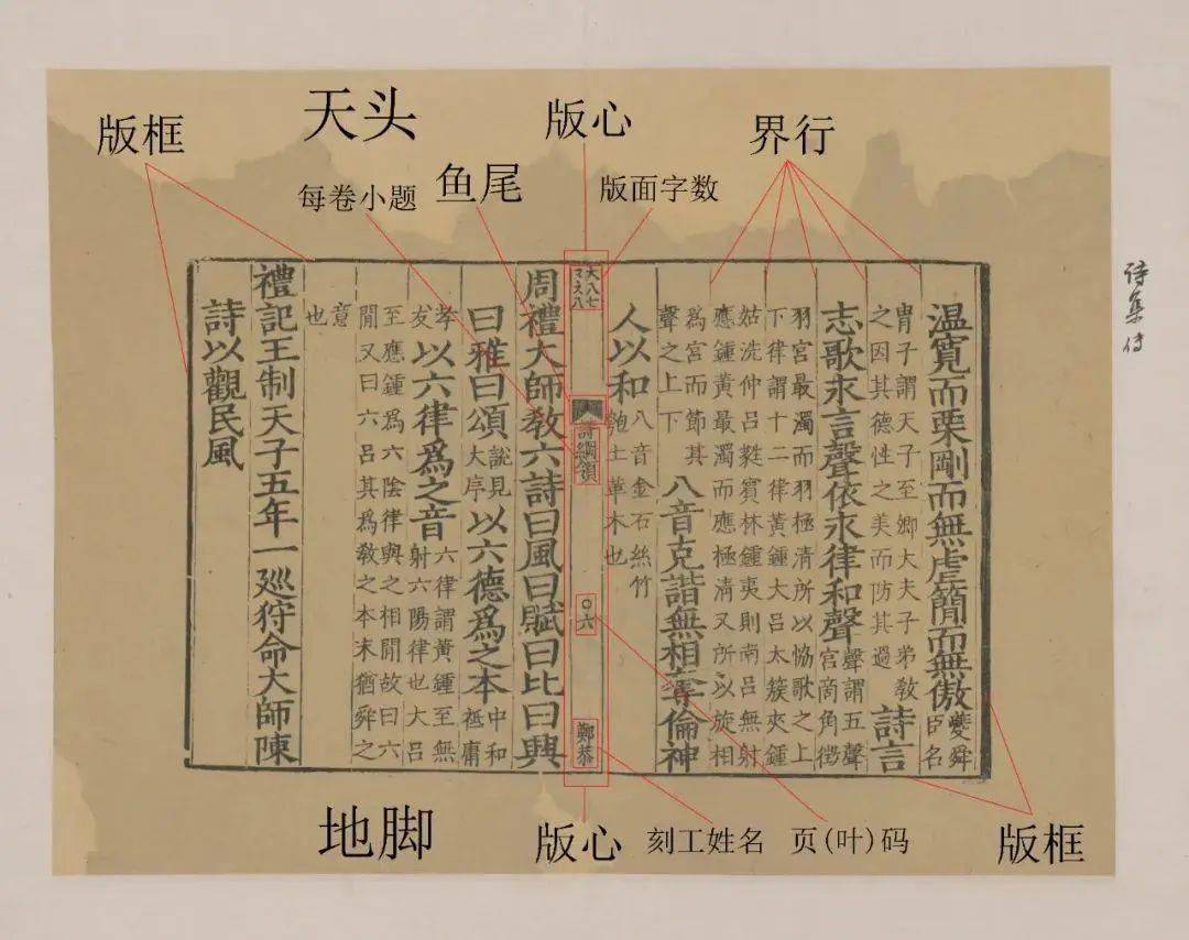 包括版面,题名,版框,界行,天头,地脚,版心,行款,字数,鱼尾,象鼻,书耳
