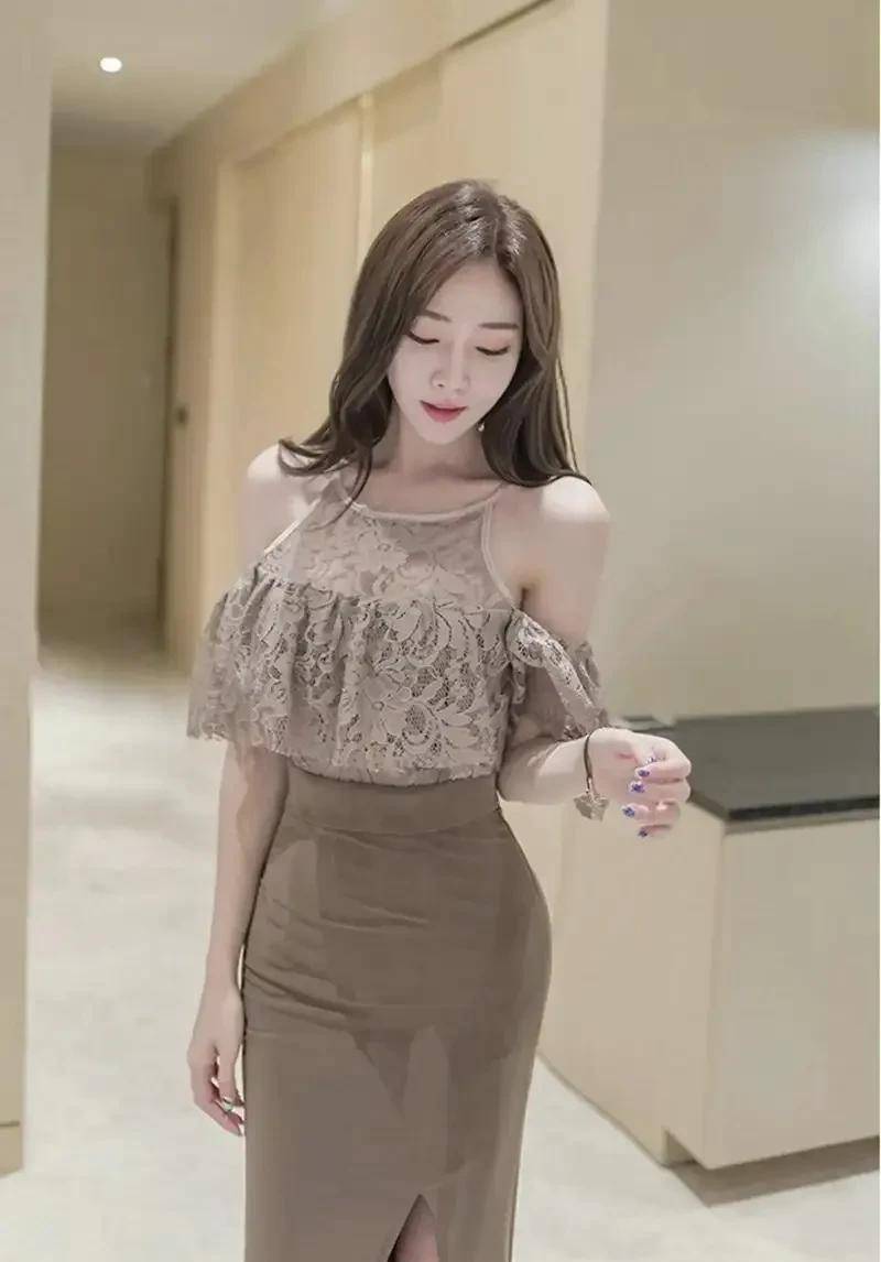 「韩国美女模特jooyeon」浅咖法兰西镂空针织衫侧开叉长裙,美哉_设计