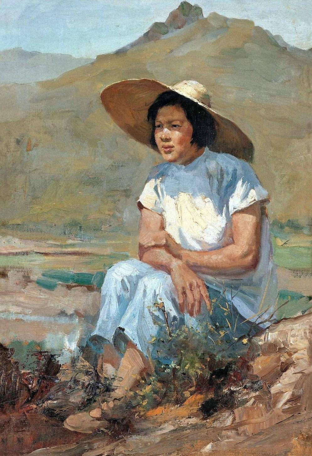 7,1953年由画家李宗津创作的《阳光下的妇女》油画,一处乡村的山坡上