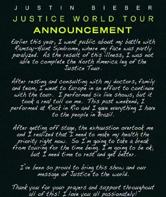 贾斯汀比伯巡回演唱会再取消 透露在和亨特氏综合征作斗争