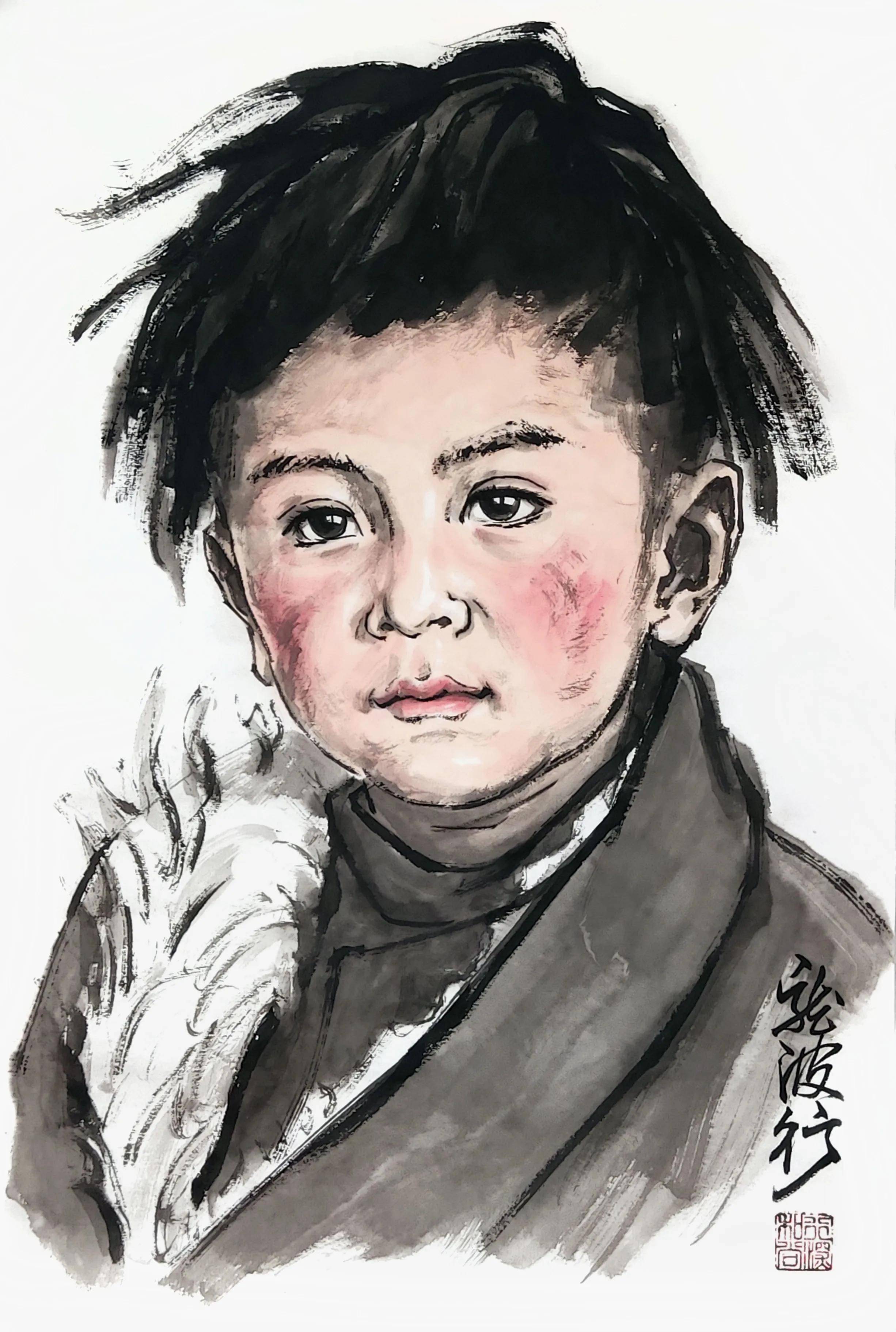 龙波行水墨儿童肖像_龙波_肖像_水墨