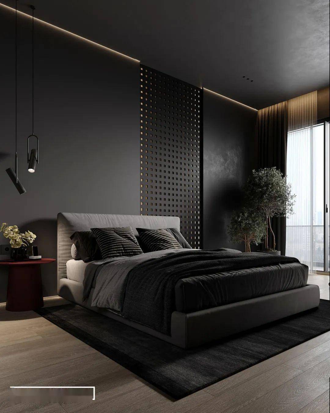 黑色系空间设计,帅_元素_客餐_绿色植物