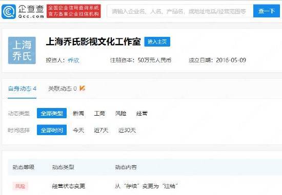 乔欣上海影视工作室注销 注册资本50万人民币
