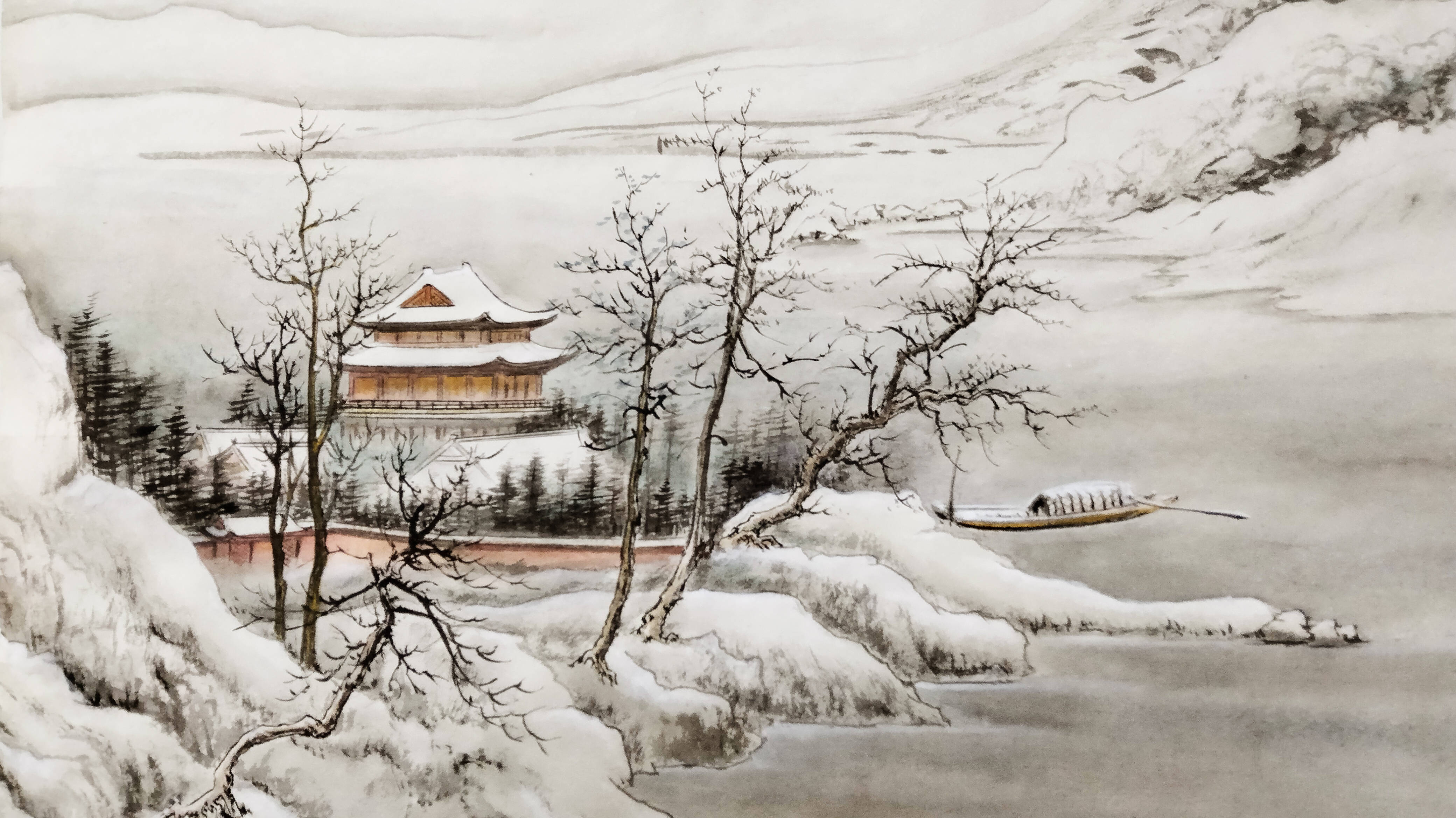 丙于冬 山水画 界画寒江---工笔山水雪景界画《江雪归棹图》_cm_纸质_尺寸