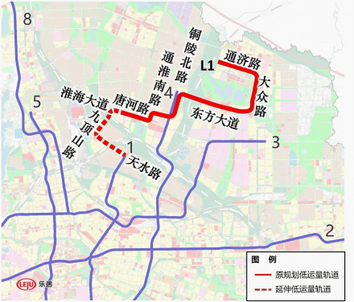 l1位于新站组团,承担组团内部的交通联系,主要沿淮海大道