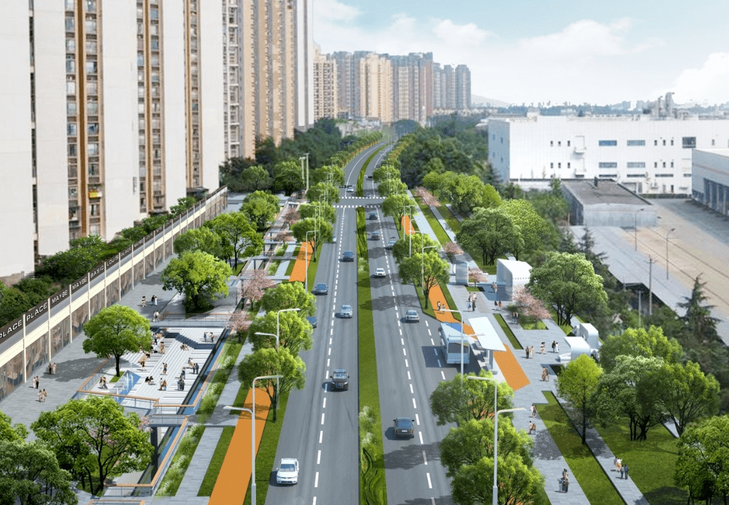 西区大道街道一体化提升效果图此外,坚持"轨道引领,公交优先"格局