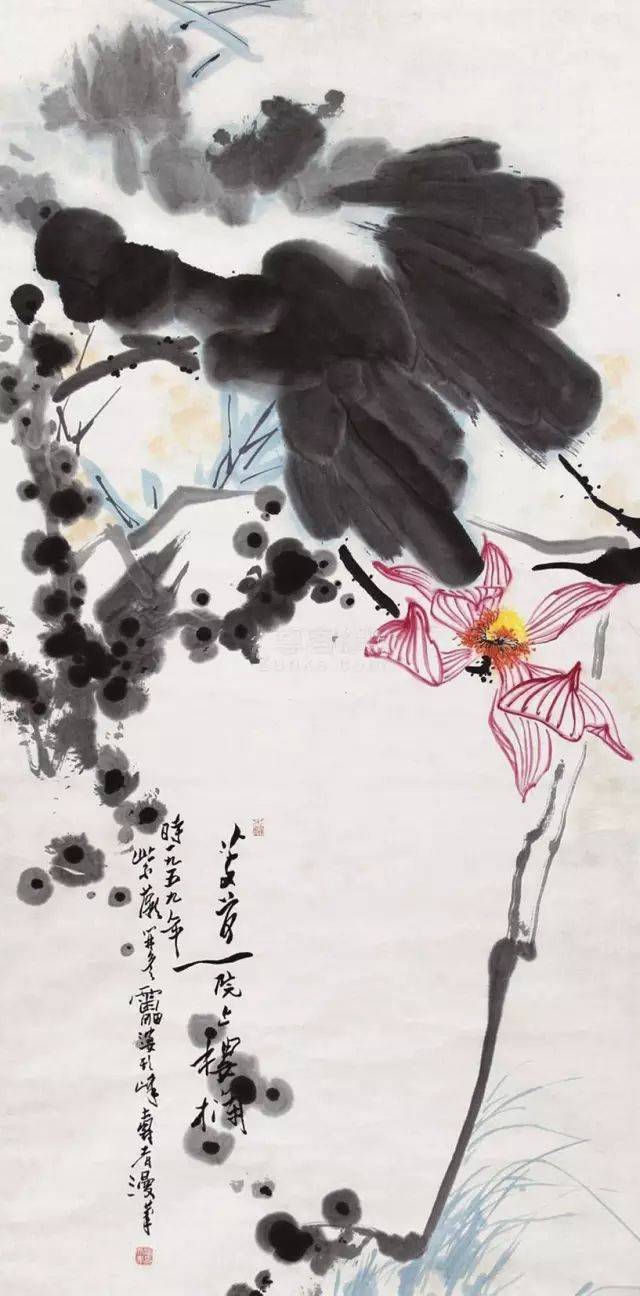 映日荷花 1963年▲潘天寿 朝霞图 1960年▲潘天寿 1962年作 鹰石图(指