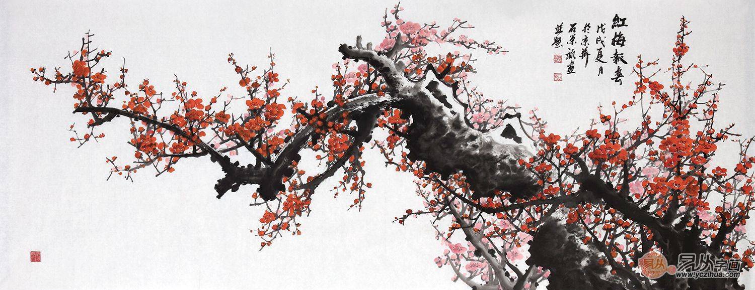 石荣禄丈二国画梅花《红梅报春图》作品来源:易从网石荣禄老师梅花