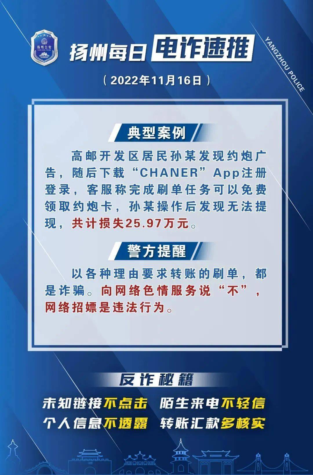 高邮开发区孙某下载app注册刷单领取约炮卡，被骗25.97万！