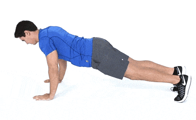 人俯撑在地上或垫上,脚前掌支地,保持腹部紧绷,双手相距比肩稍宽,然后