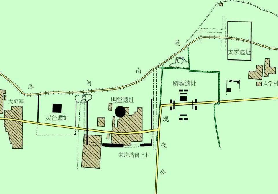 灵台,明堂,辟雍和太学等礼制建筑遗址和内城南部北魏永宁寺塔基等遗址