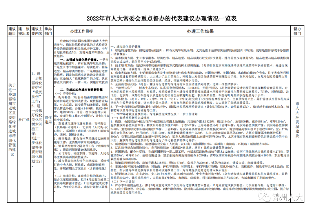 2022年市人大常委会重点督办的代表建议办理情况一览表 