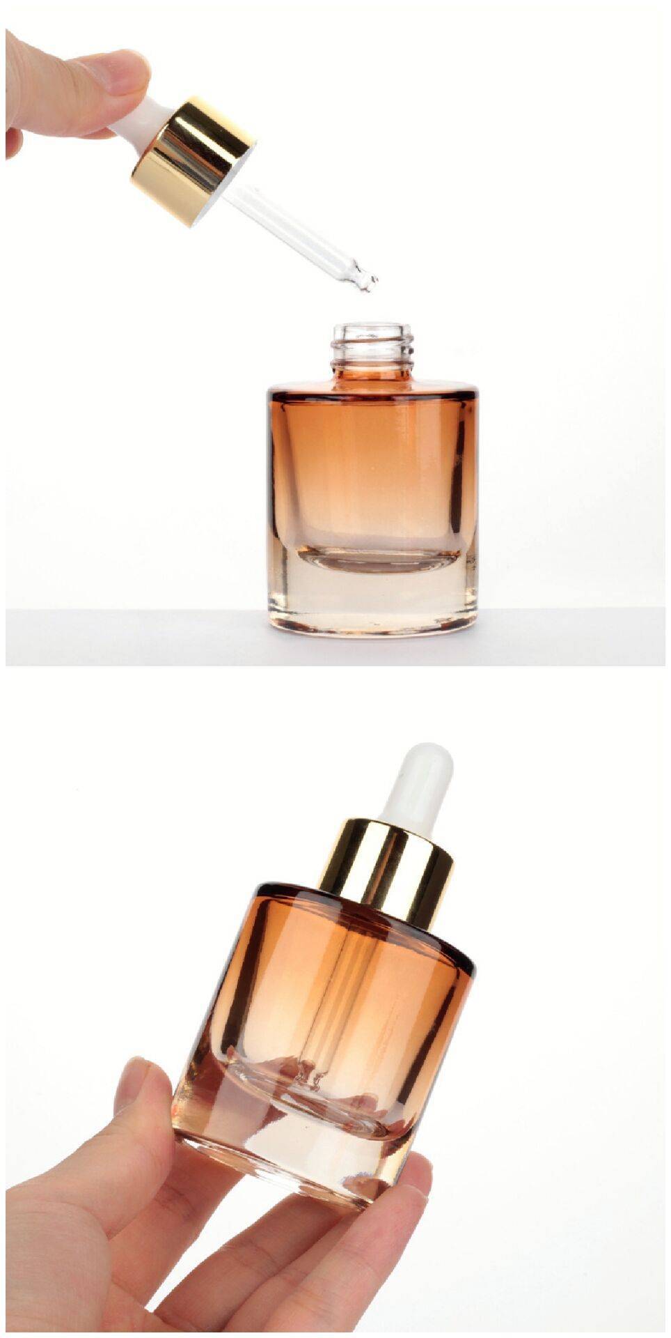 厚底玻璃精油空瓶子加工,渐变色椭圆形滴管精华液瓶工厂madihah玛蒂哈