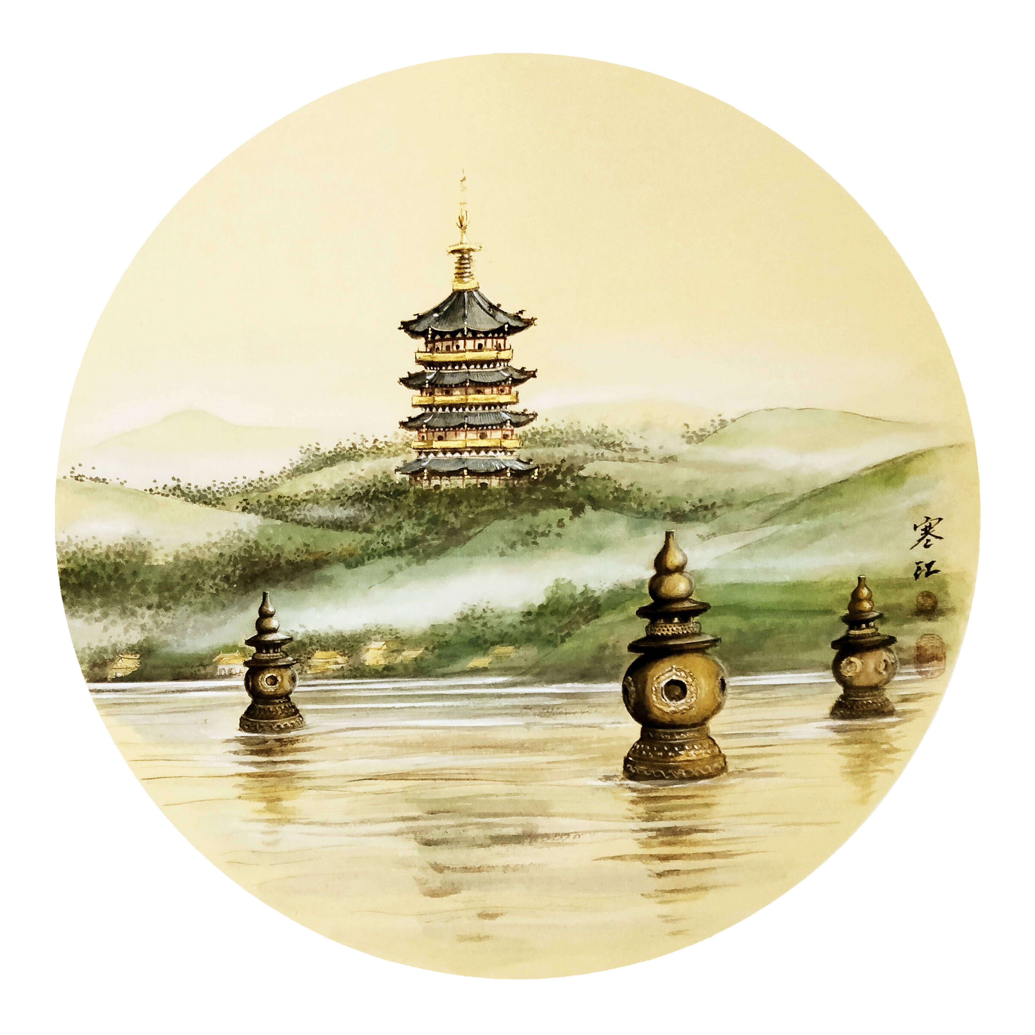三潭印月及雷峰塔》,纸质 : 仿古卡纸, 尺寸:68x68cm,2022年6月23日