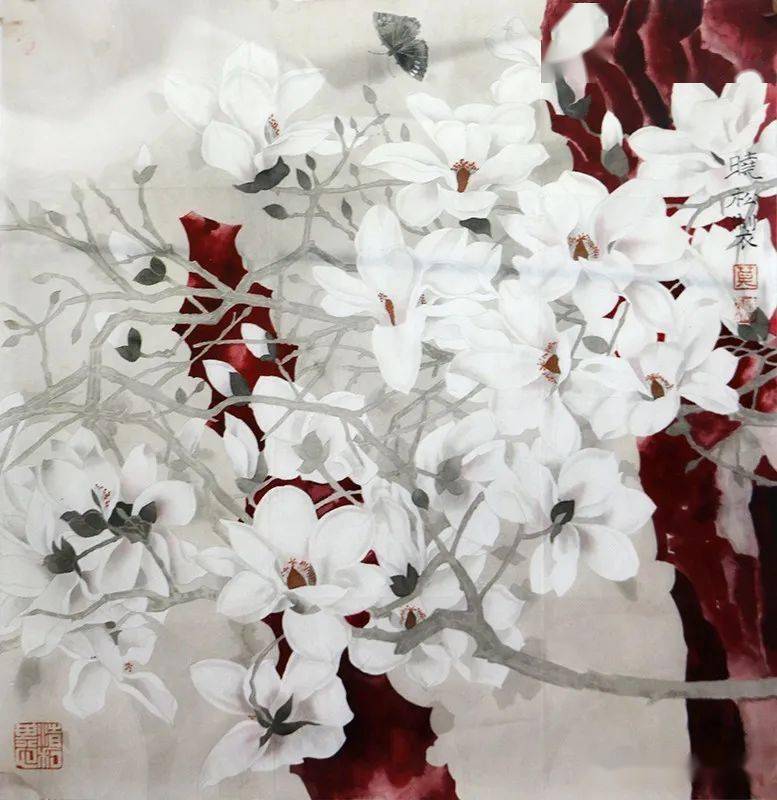 莫晓松先生作品《白雪琼兰映眼开》当代的中国工笔花鸟绘画发展,既