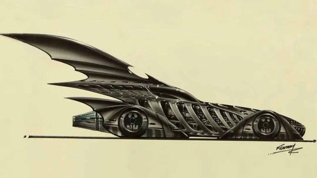 车轮和巨大尾鳍的黑色蝙蝠战车;在车身表面采用了大面积的"肋骨"设计